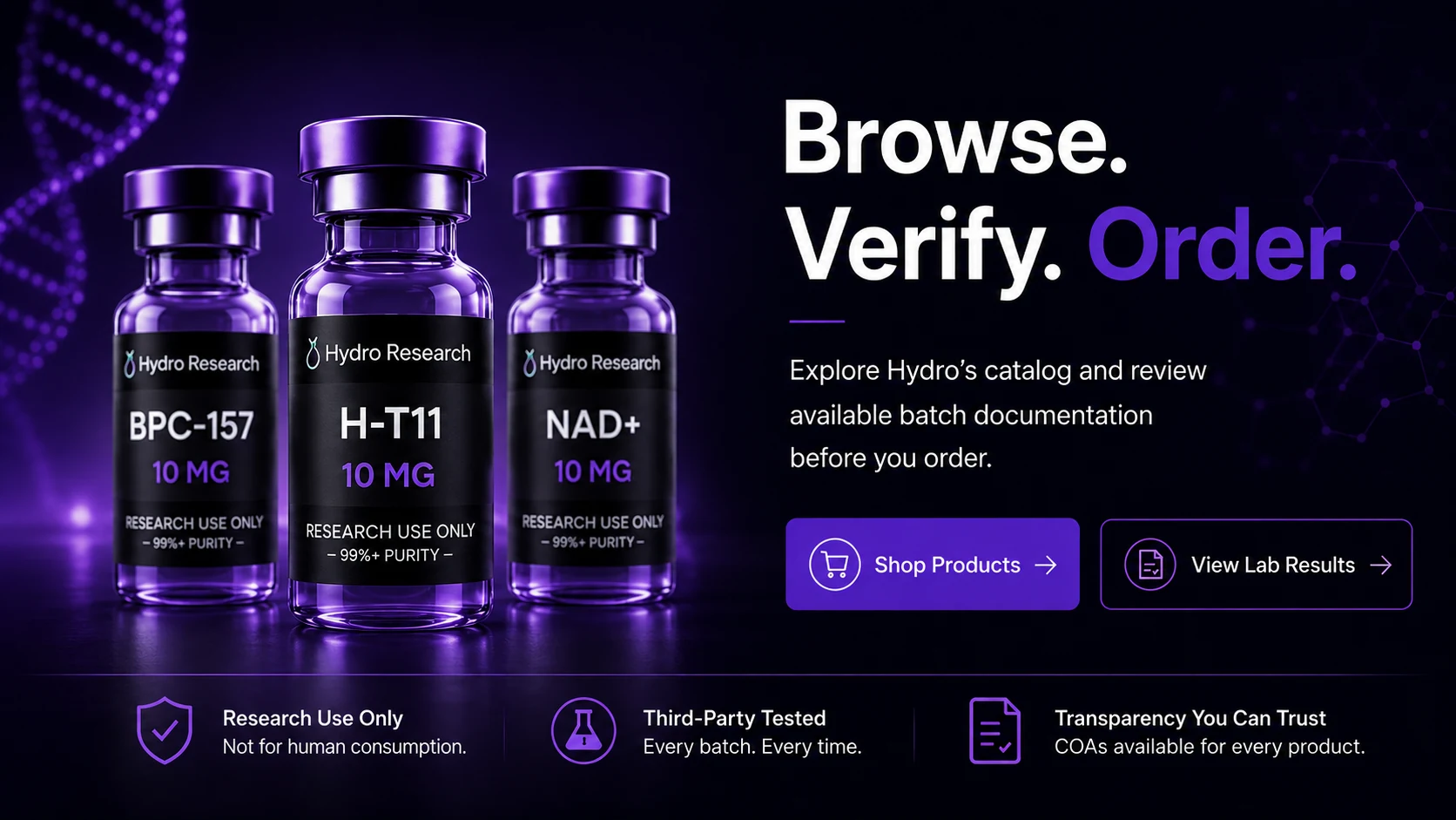 Hydro Research black-label peptide vials with Shop Products and View Lab Results calls to action